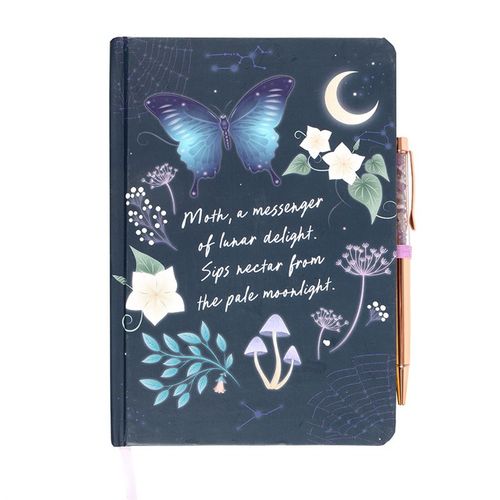 Midnight moth journal with a night sky and forest plant design, accompanied by an amethyst crystal chip ballpoint pen, featuring gold foil pages and a purple ribbon marker.